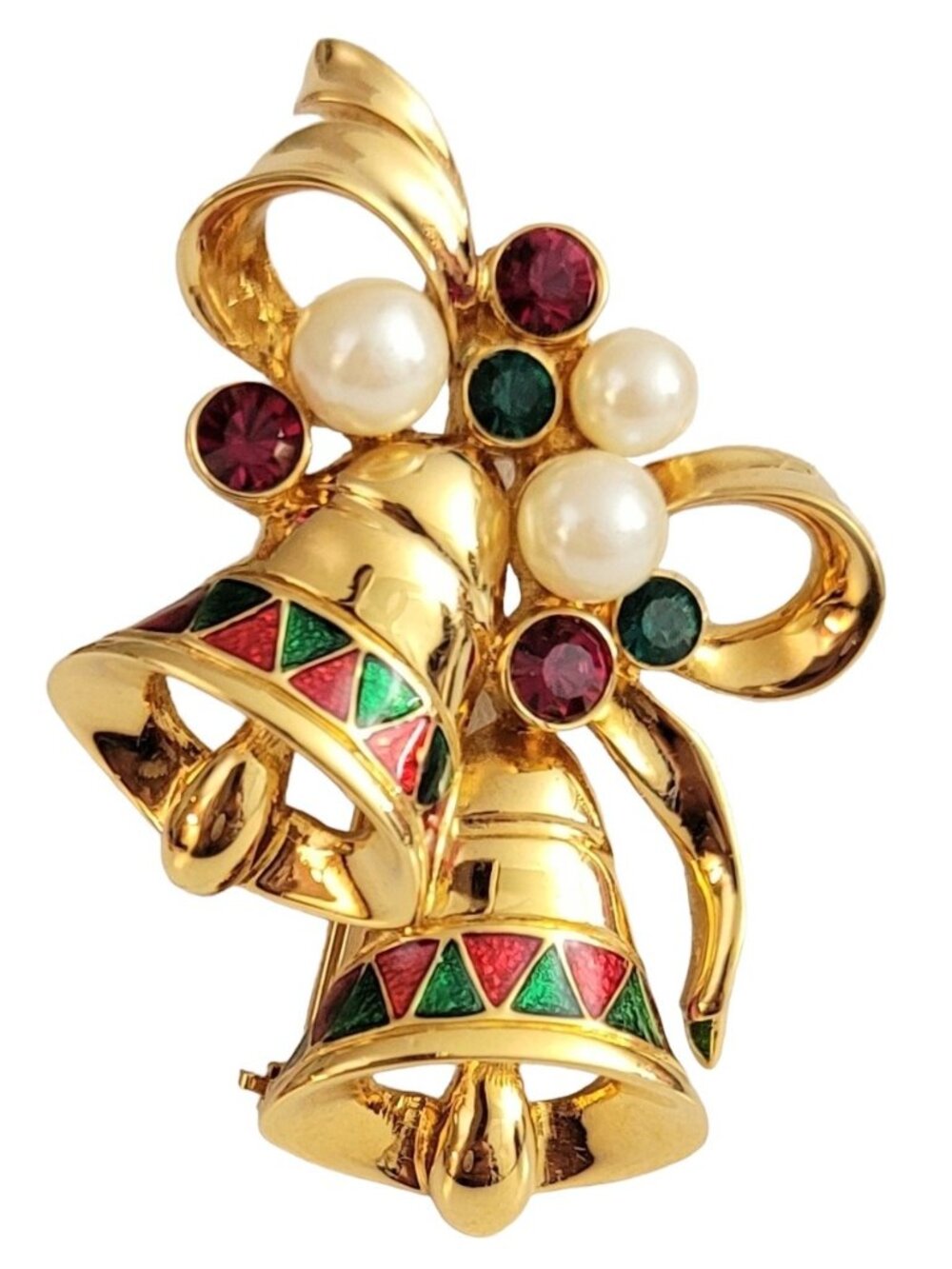 Swarovski Gold Tone Red Green Enamel Rhinestone Faux Pearl Bell Brooch